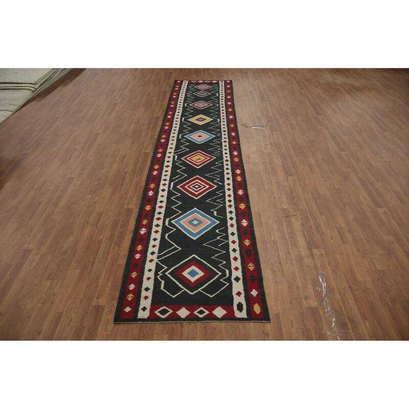 Hand Woven Oriental 100% Wool Carpet Southwestern Tribal Black Kilim Runner Rug - 15' 1'' X 3' 2''