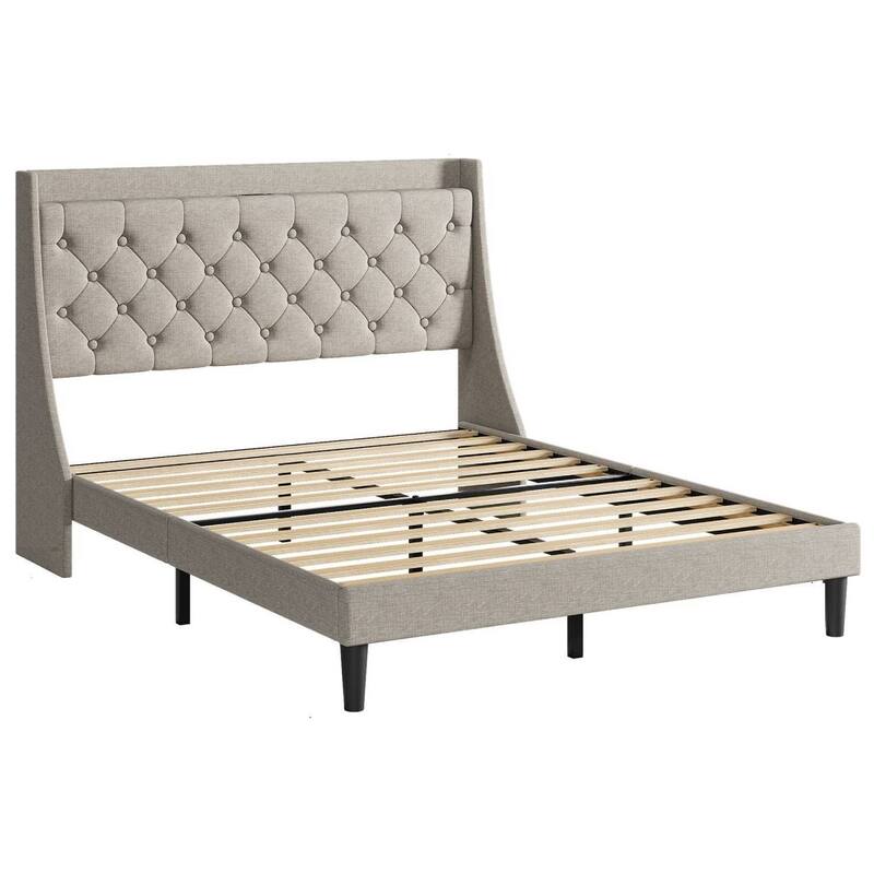 Upholstered Bed Frame with Charging Ports & Storage Shelf