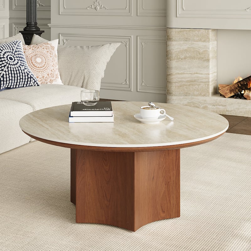 Mid-century Modern Coffee Table,35.43" With Sintered Stone Table Top, Solid Wood Legs