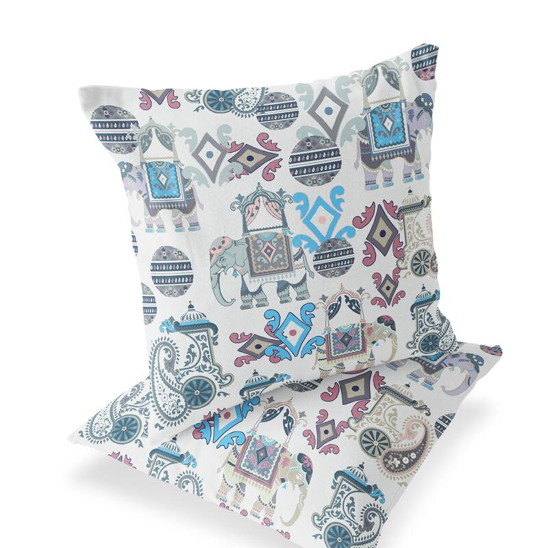 HomeRoots Set of Two 16" X 16" Beige and Blue Elephant Blown Seam Eclectic Indoor Outdoor Throw Pillow