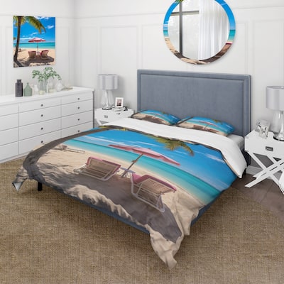 Designart "Beach Pink Beach Chairs" Coral Coastal - Bed Cover Set With Shams
