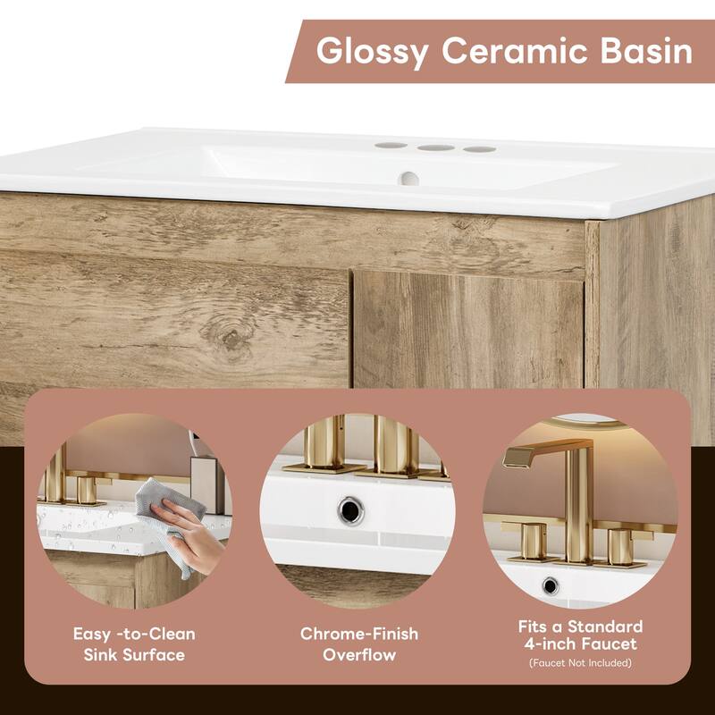 30" Freestanding Bathroom Vanity with White Integrated Ceramic Sink - 30'' x 18.5'' x 33.9''