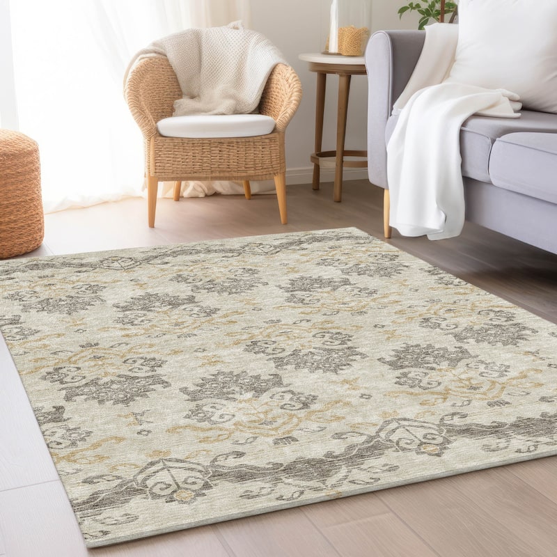 Machine Washable Indoor/ Outdoor Chantille Damask Medallion Rug