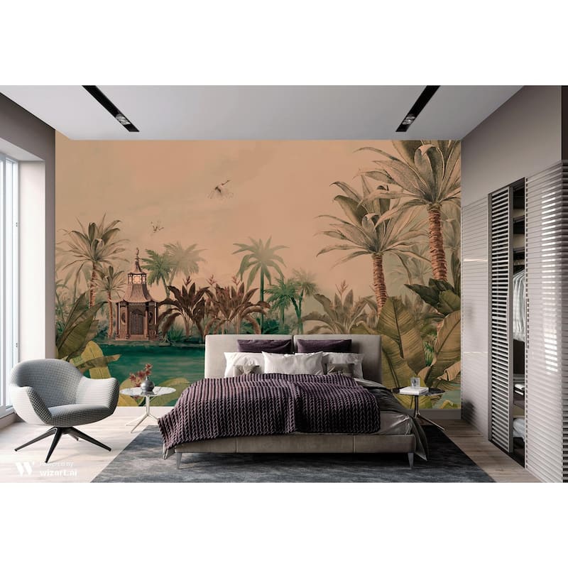 Tranquil Lakeside Pavilion Mural Tropical Palms Black Swan