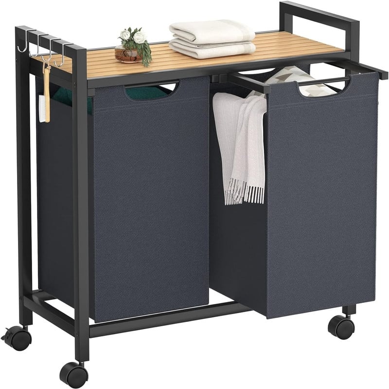 Pull Out Laundry Hamper with Wheels and Bamboo Shelf - 28.74"L x 12.99"W x 36.22"H