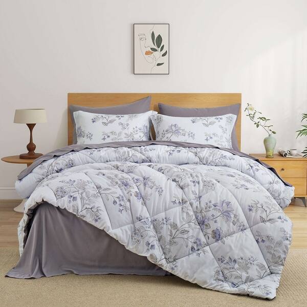 slide 2 of 11, All Season Floral Printed Reversible 7-Piece Bed in a Bag With Sheet Set White - King
