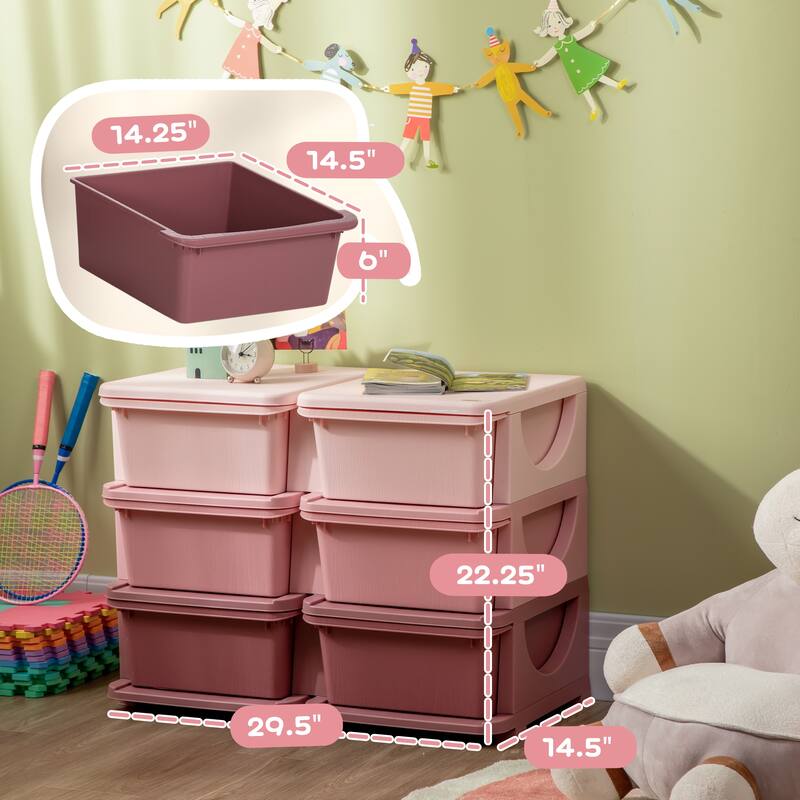 Qaba 3 Tier Kids Storage Unit, 6 Drawer Chest Toy Organizer Plastic Bins for Kids Bedroom Nursery Kindergarten Living Room