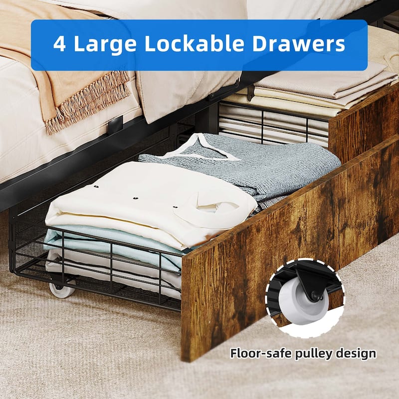 Upholstered Platform Bed with Charging Station and Storage Headboard