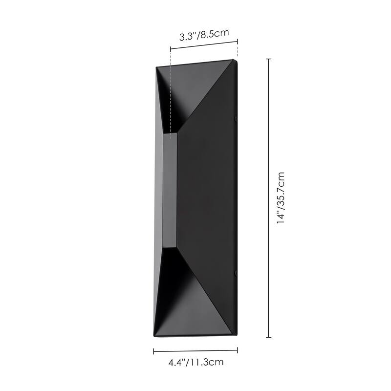 14 in. Modern Black Rectangular Geometric Integrated LED 3000K Outdoor Sconce Wall Light - 4.45 in. W x 14.06 in. H x 3.3 in. D