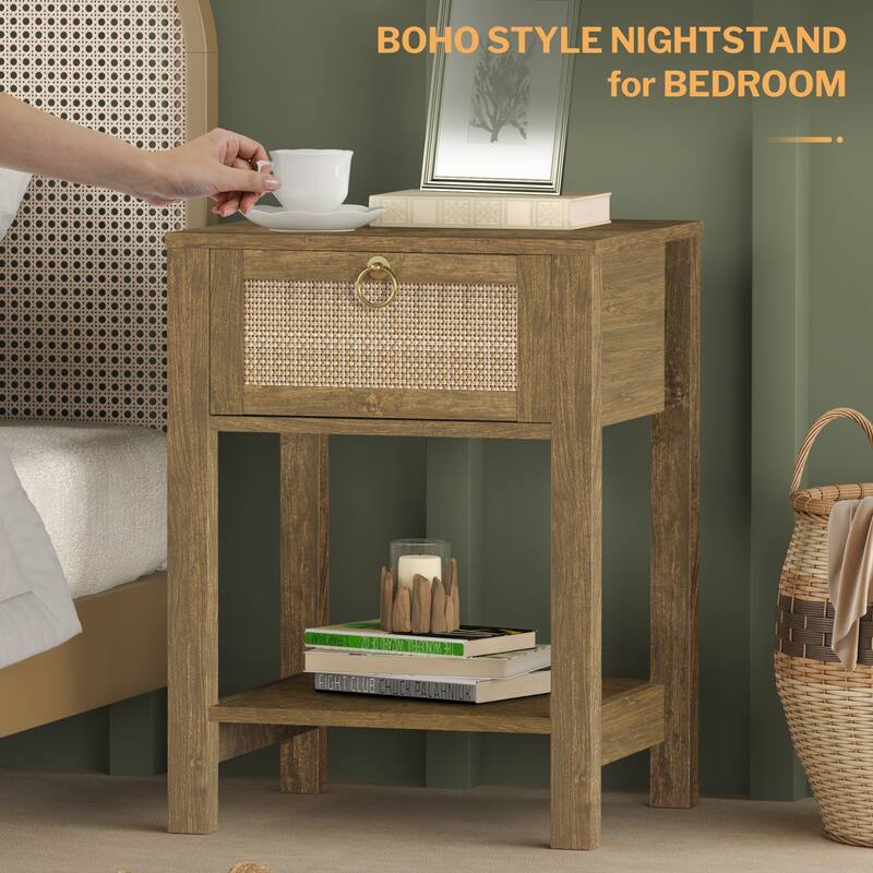 SICOTAS Farmhouse 1-Drawer Rattan Nightstand