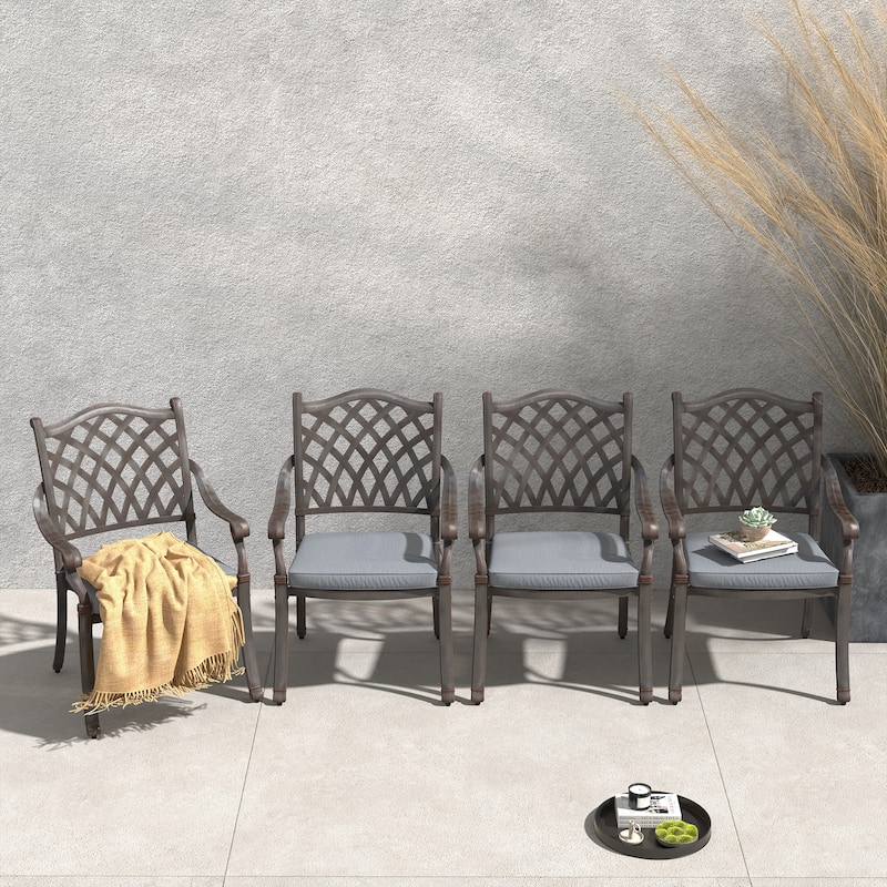 Patio Cast Aluminum Dining Armchairs with Cushions Set of 4