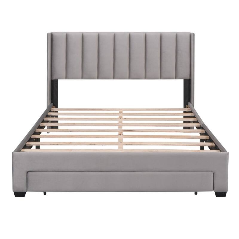 Queen Size Velvet Upholstered Platform Bed with Extra Tall Headboard