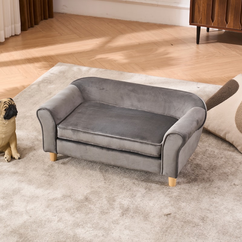 20.67" x 12" x 2.76" Pet Sofa Bed, Grey Velvet Cat Bed and Small Dog Couch with Rubberwood Legs