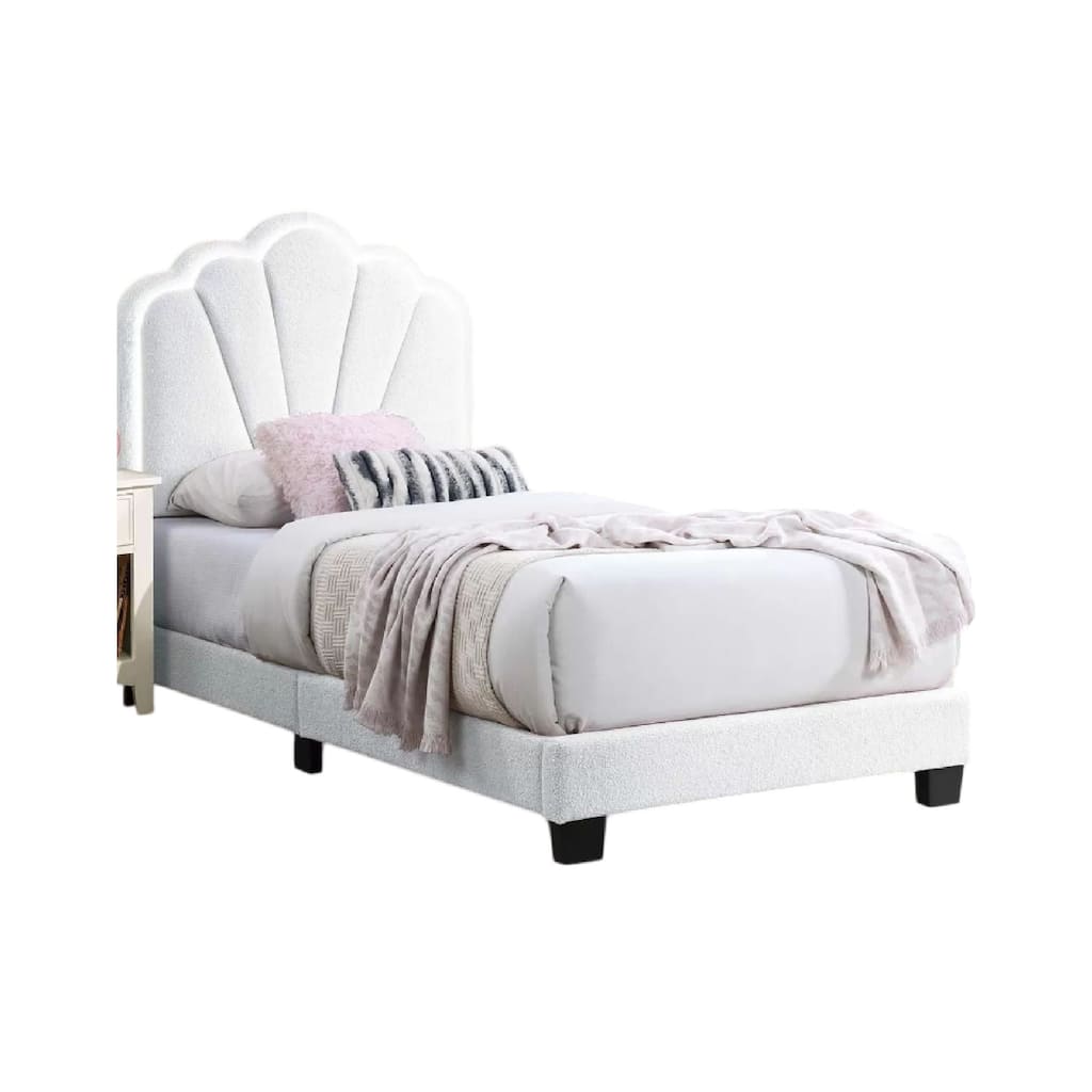 Roxy Twin Bed, White Wool Upholstery, LED Lighting, Padded Headboard