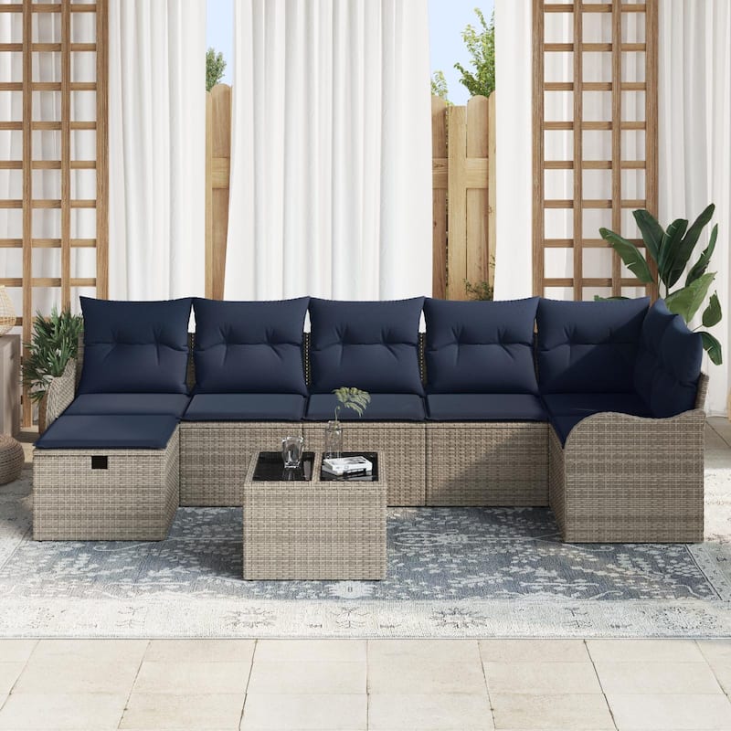 vidaXL 7/8 Garden Sofa Set with Cushions Black/Brown/Grey Poly Rattan - 113.2 x 48.2 x 27.2