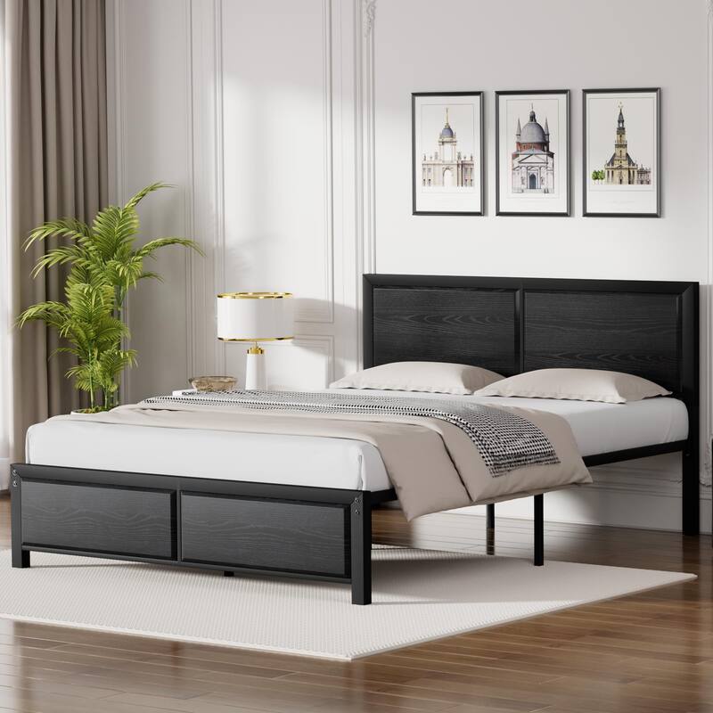 VECELO Platform Bed Frame with Wooden Headboard Heavy Duty Steel Slats Support No Box Spring Needed
