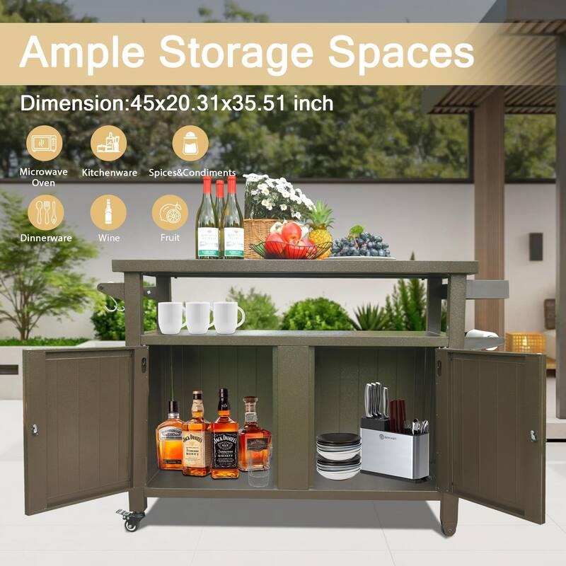 GDFStudio - Holden Outdoor Metal Grill Cart with Storage Cabinet and Rolling Utility Table for Patio BBQ Use