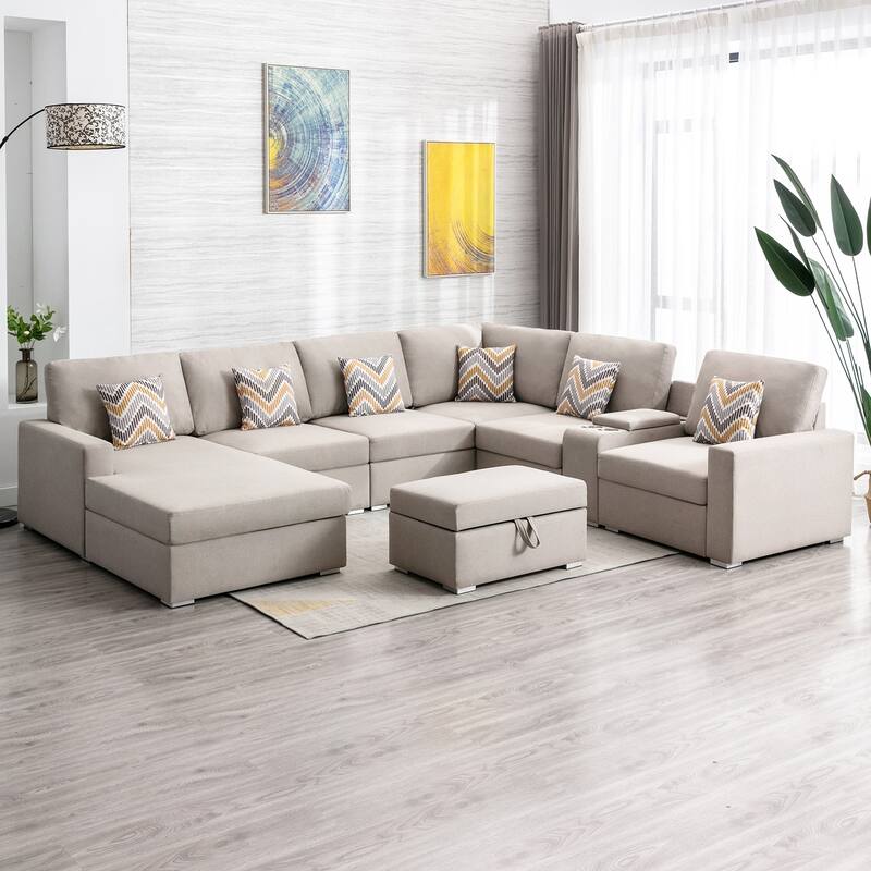 Linen Fabric 8 Piece U-Shaped Reversible Chaise Sectional Sofa with Interchangeable Legs and 6 Pillows