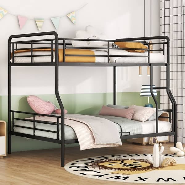 slide 2 of 9, Full XL Over Queen Metal Bunk Bed featuring Full Length Guardrail Black