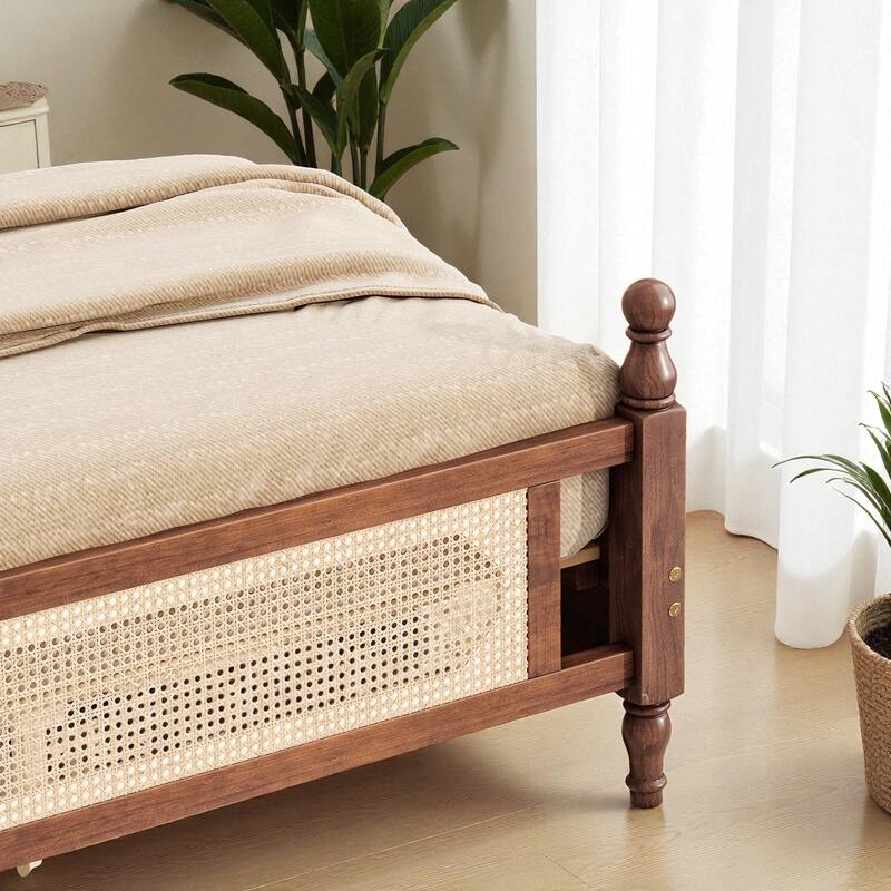 Queen/King Size Pine Wood Bed with Rattan Headboard and Footboard, Solid Frame with Central Support and Under-Bed Storage