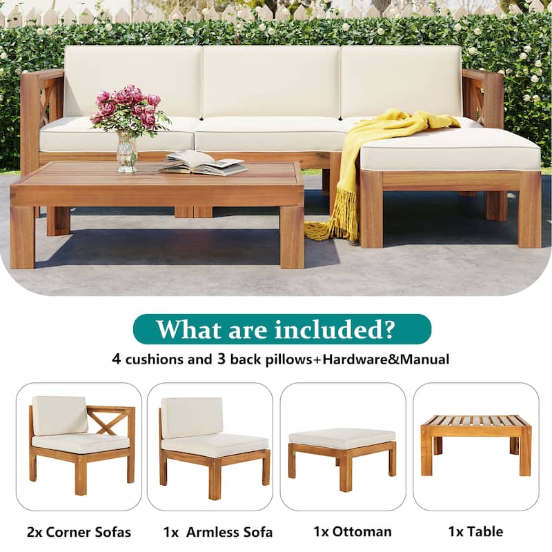 5 Piece Outdoor Patio Furniture Set, All Weather Outdoor Conversation Set, Wooden Sectional Sofa Set with Coffee Table