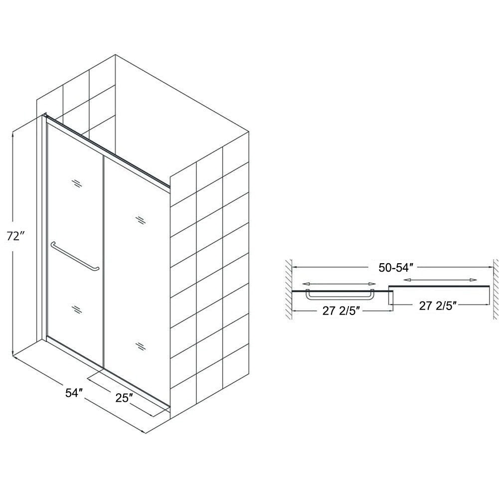 Elegant 54" W x 72" H Double Sliding Shower Door in Chrome Finish with 1/4 inch Clear Tempered Glass Door - 54'' x 72''