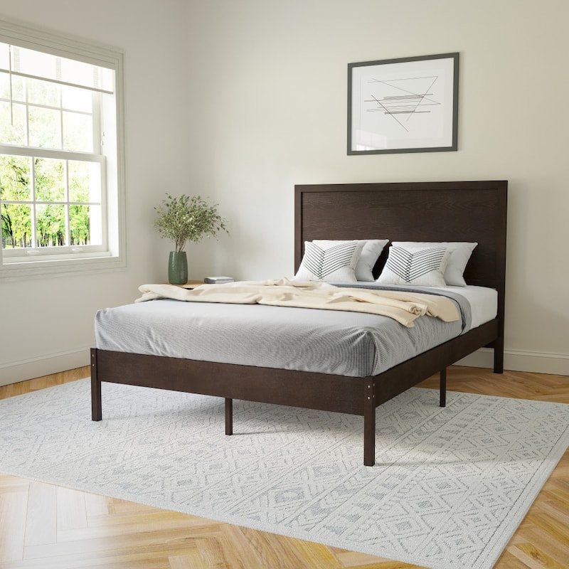 Solid Wood Platform Bed with Headboard and Wooden Slats - Dark Brown - Full