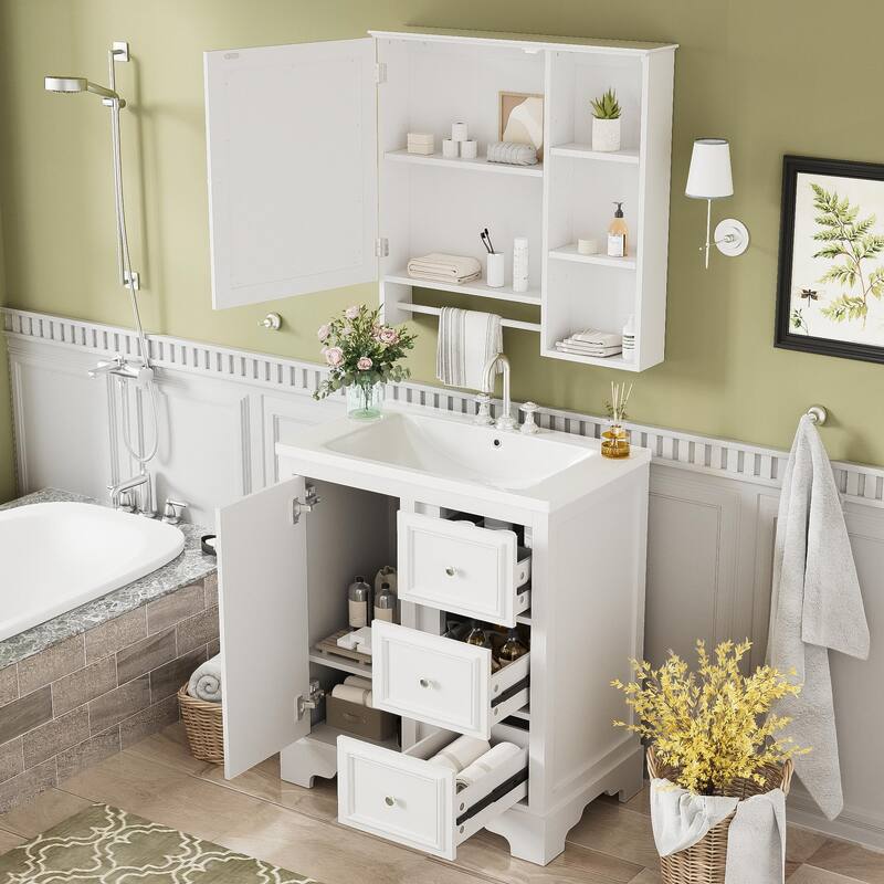 30-inch bathroom vanity with sink,with 3 drawers,adjustable shelves,freestanding vanity set with mirror cabinet,single sink