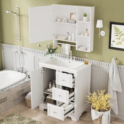 Bathroom Vanity & Mirror Cabinet Set of 2, 30" Bathroom Vanity Storage Cabinet w/ Ceramic Sink & Adjustable Shelves, White