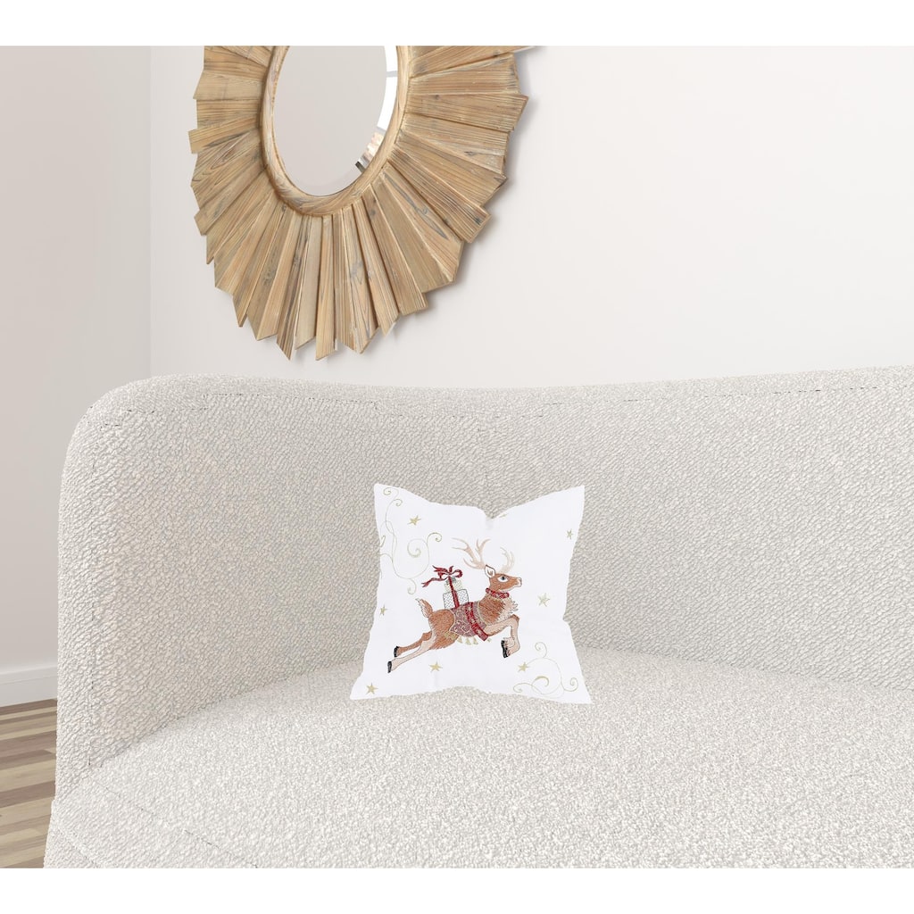 HomeRoots 14" X 14" White and Gold Reindeer Christmas Reindeer Polyester Zippered Pillow With Embroidery