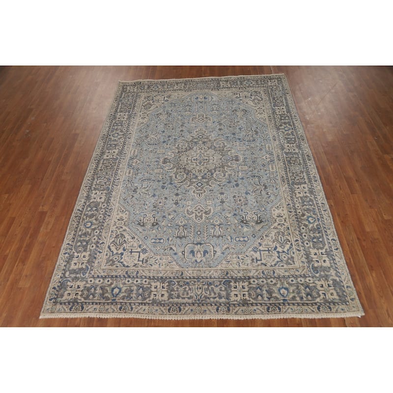 Light Blue Geometric Tabriz Persian Rug Hand-Knotted Wool Carpet - 6'7"x 9'4"