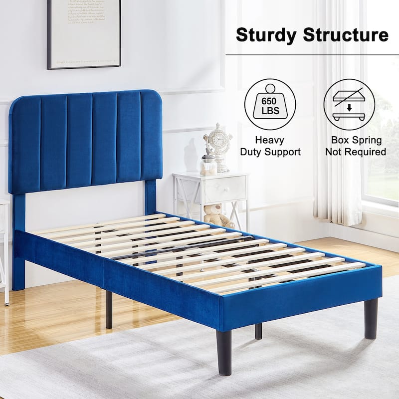 VECELO Velvet Upholstered Bed Frame with Vertical Channel Tufted Headboard, Adjustable Headboard, Wooden Slats Support