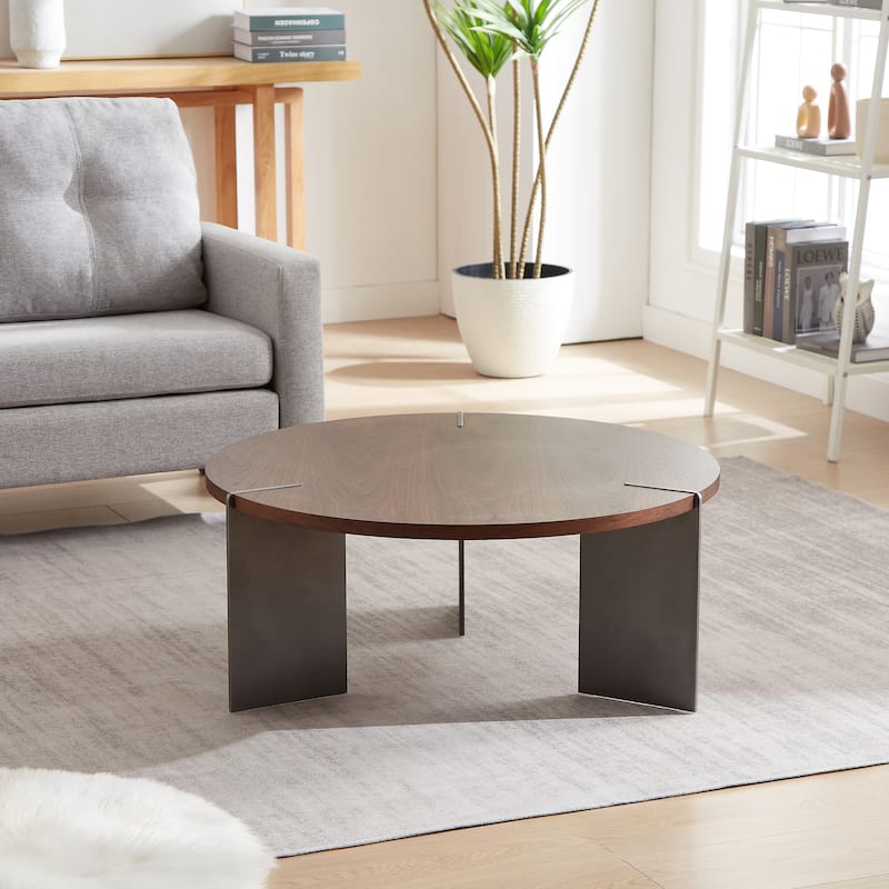 Modern Coffee Table Simple Coffee Table Round Coffee Table with Oak Tabletop and Black Table Legs, for Living Room