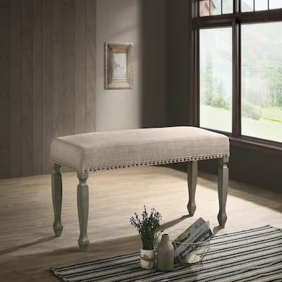 Antique Gray Finish Upholstered Nailhead Bench