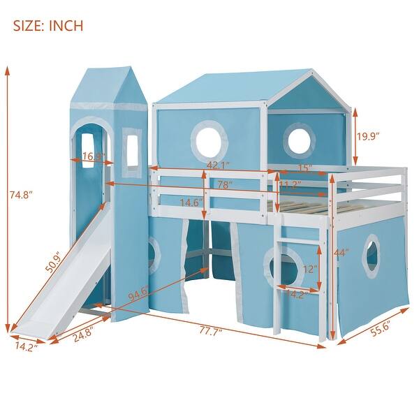 dimension image slide 1 of 4, House Low Loft Bed with Slide & Tent Solid Wood Kids Loft Bed Frame with Tower and Ladders for Kids Teens Boys & Girls