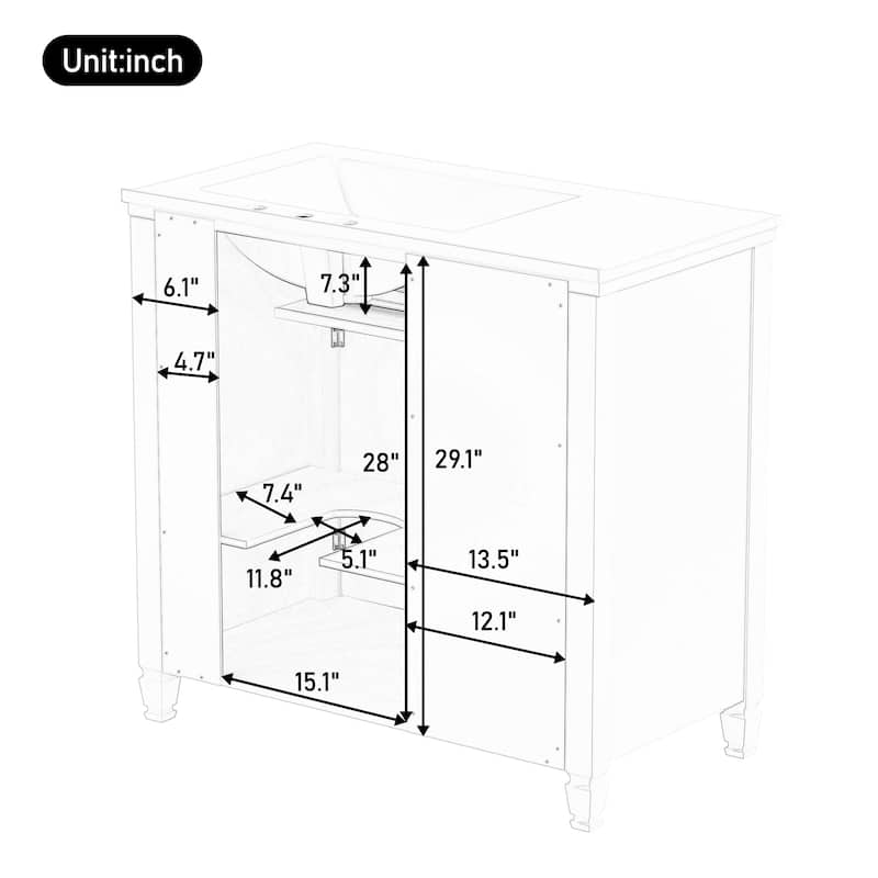 36" Bathroom Vanity with Sink, Ceramic Sink, One Tip-out Drawer, 3 Side Drawers, Adjustable Shelf