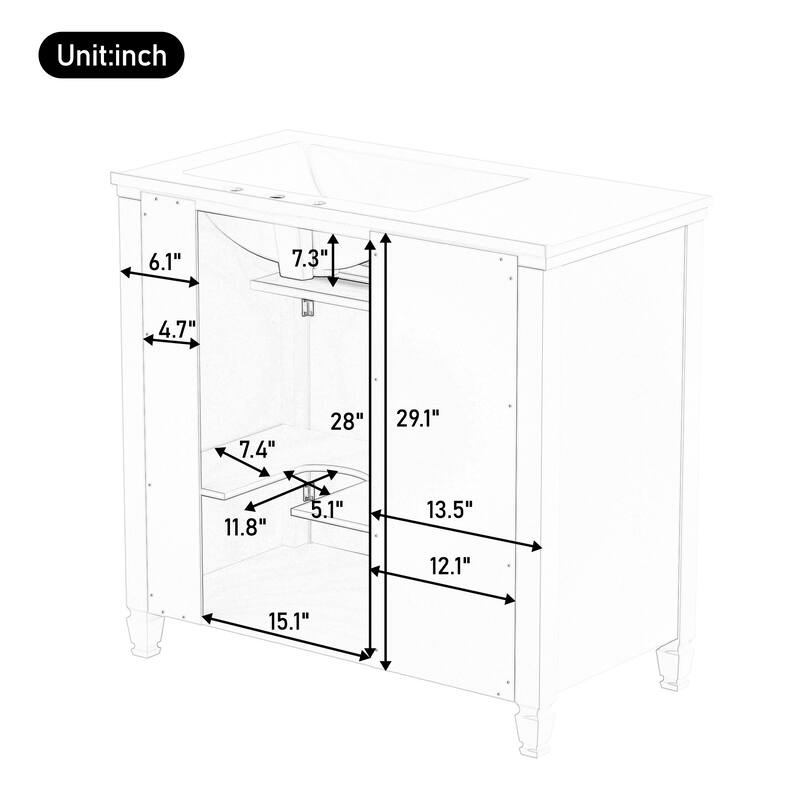 36 Inch Bathroom Vanity with Ceramic Sink, Freestanding Cabinet with Tip-Out Drawer, Side Drawers and Adjustable Shelf