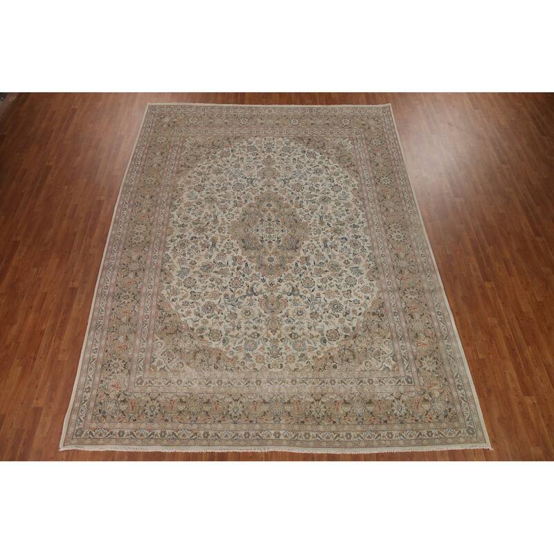 Hand Knotted Oriental 100% Wool Carpet Traditional Floral Beige & Ivories Kashan Area Rug - 12' 8'' X 9' 10''