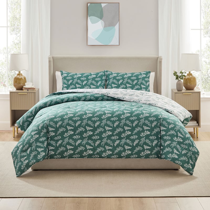 Empyrean 3PC Reversible Botanical Printed Comforter Bedding Set - Gentle Pine - King
