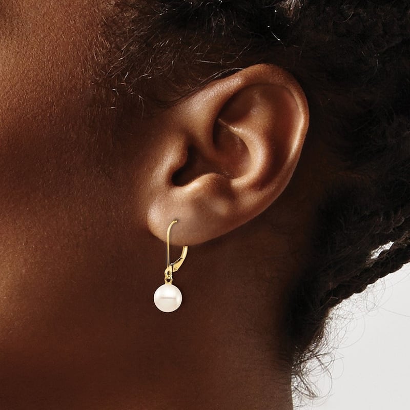 Curata 10k Yellow Gold 7-8mm White Round Freshwater Cultured Pearl Leverback Earrings