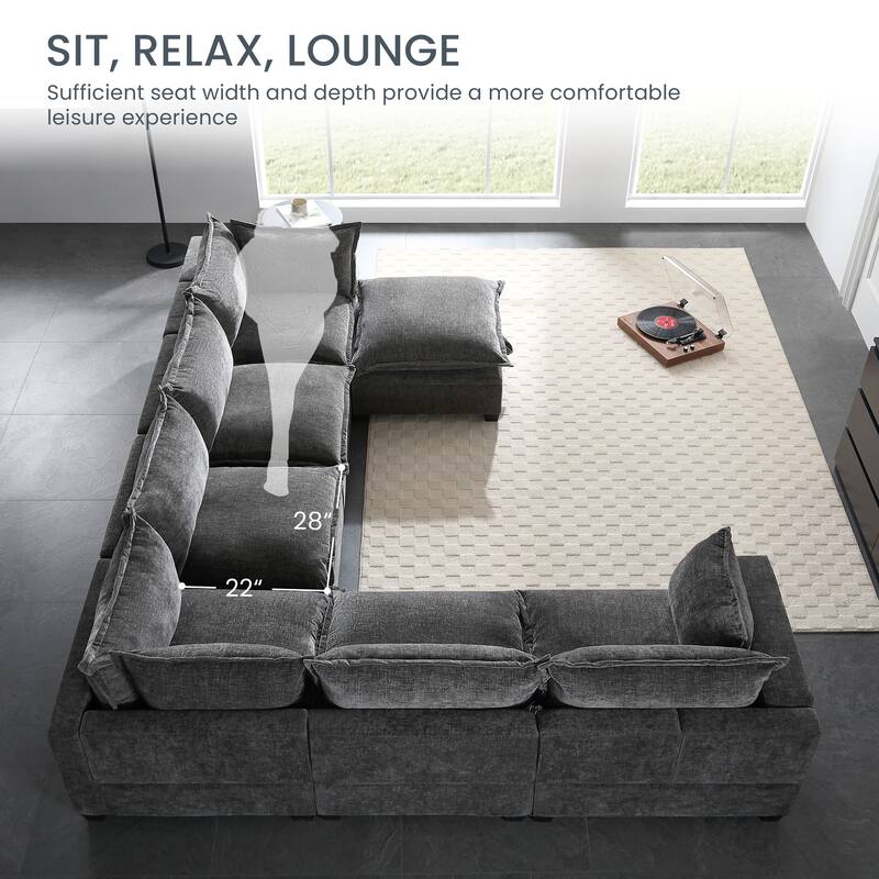 118'' Modular Sectional Sofa with Movable Storage Ottoman, 7 Seat U Shaped Chenille Sofa in Gray