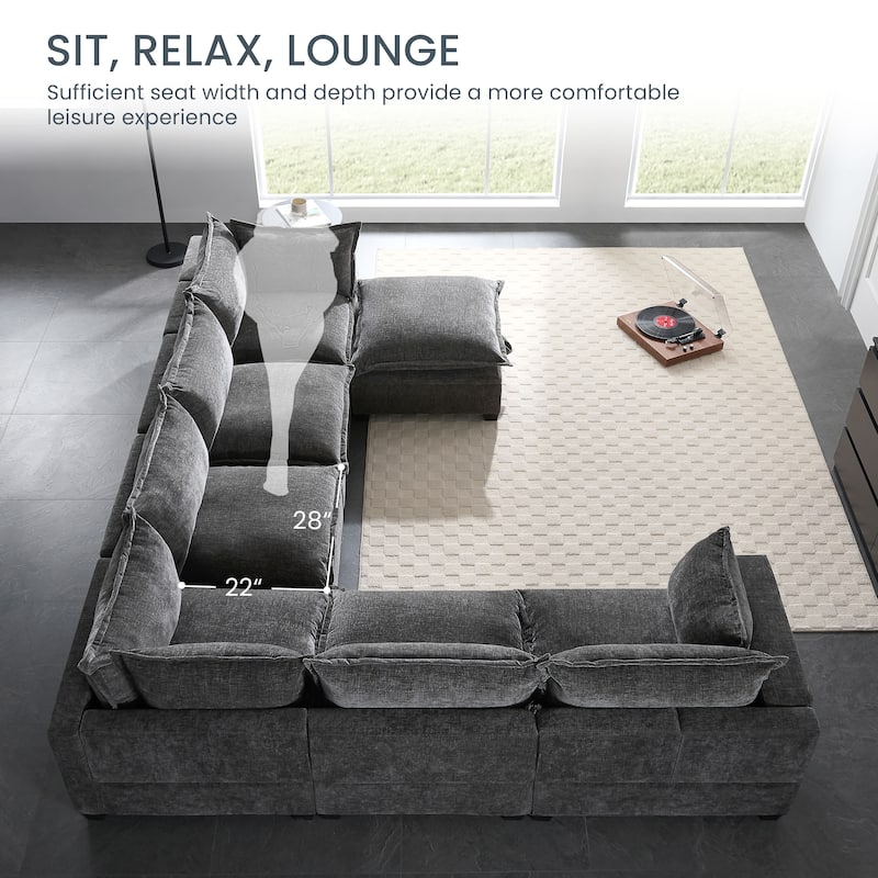 U Shaped Modular Sectional Chenille Sofa with Movable Storage Ottoman