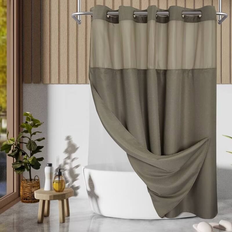 No Hook Slub Linen Texture Shower Curtain with PEVA Snap-in Liner