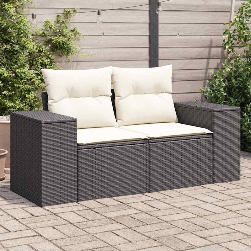 vidaXL Patio Sofa with Cushions 2-Seater Modular Couch Loveseat Poly Rattan - 24.4 x 73.2 x 27.2 in - Black with storage