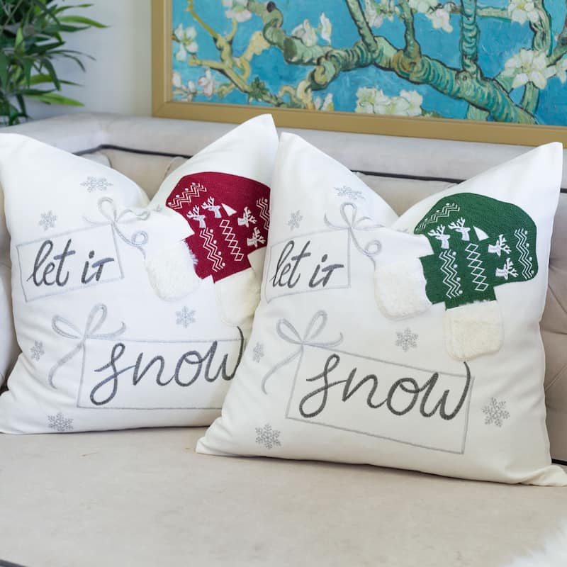 Emily Christmas Cotton Embroidery 20" Square Decorative Throw Pillow 2PK
