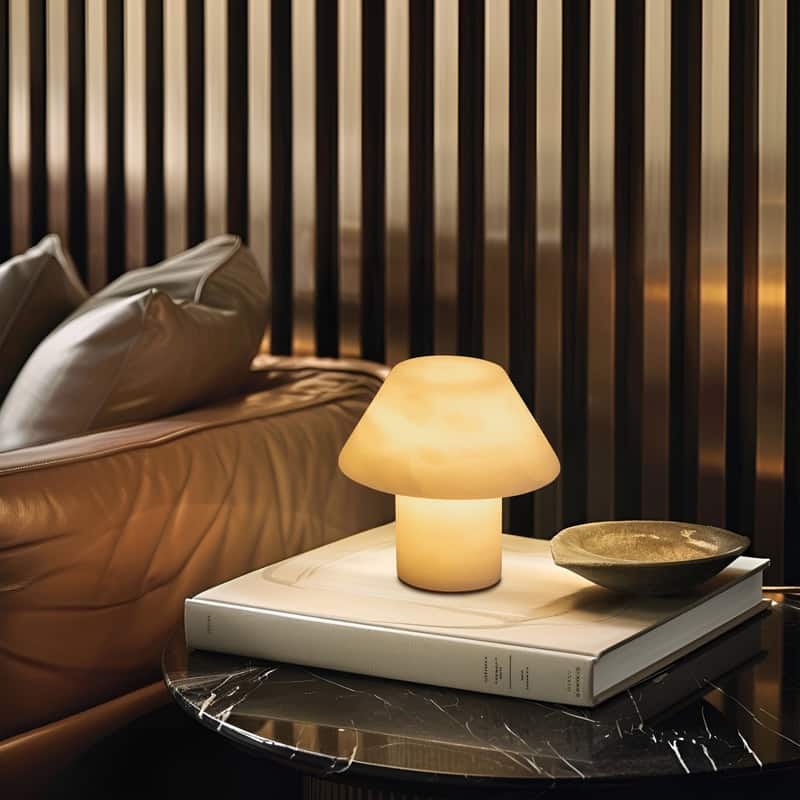 Brightech Alora LED Marbled Natural White Alabaster Stone Modern Industrial Empire Bedside Nightstand Desk Lamp