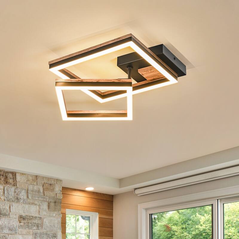 2-Light Farmhouse Integrated LED Rectangle Wood Flush Mount Ceiling Light - W13.4"