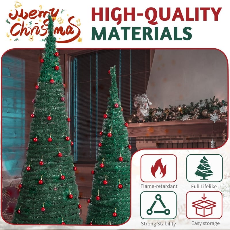 2 Pack, 6FT 5FT Artificial Pop Up Christmas Tree with Red Ball Ornaments for for Home Office Store Holiday Deco, Green