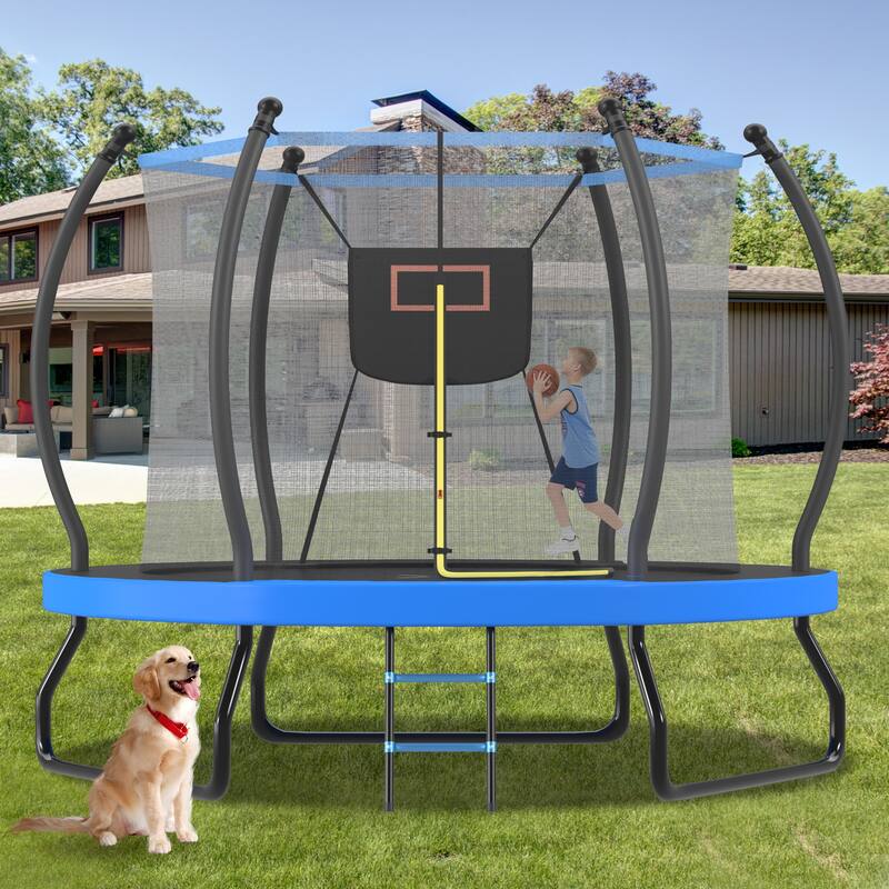 10FT Trampoline with Basketball Hoop, Enclosure net and Ladder, Outdoor Trampoline for Kids, Recreational Backyard Trampoline