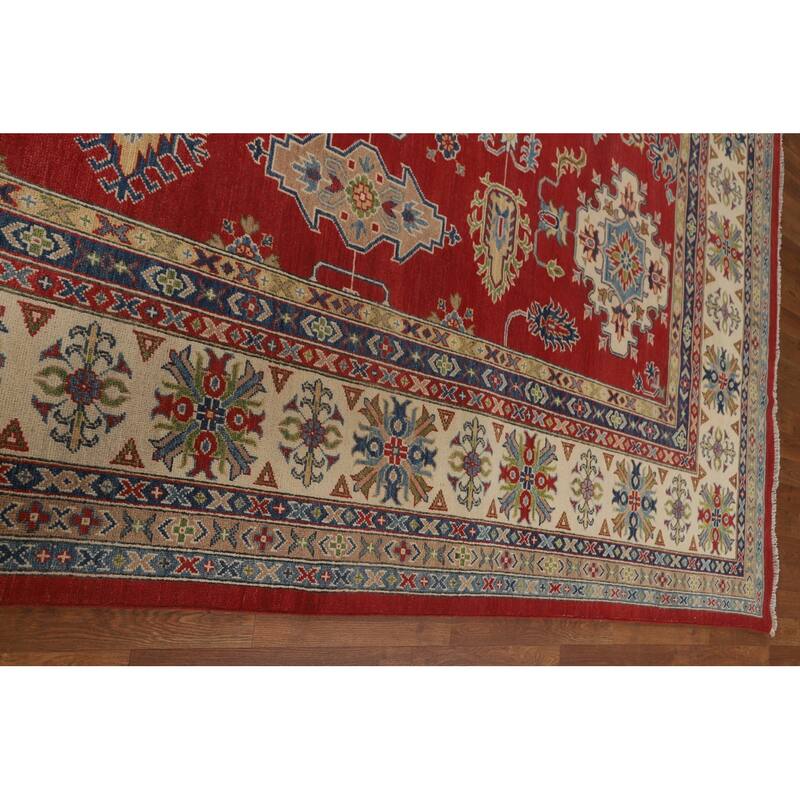 Red Geometric Kazak Oriental Large Area Rug Wool Carpet - 9'10" x 13'9"
